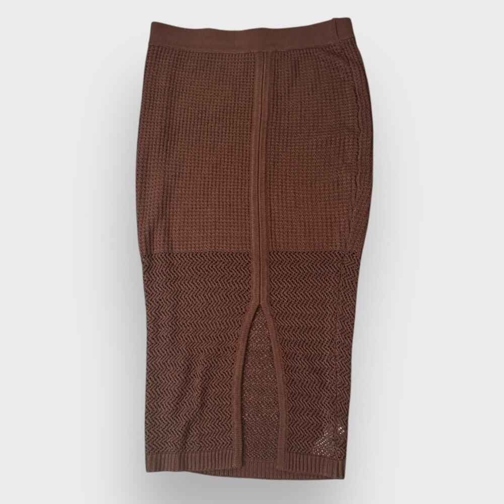 Nina Parker brown crochet fitted maxi dress with slit, size 0X